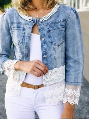 Light Blue Denim Lace-Trim Jean Jacket with Pearl Collar, XL